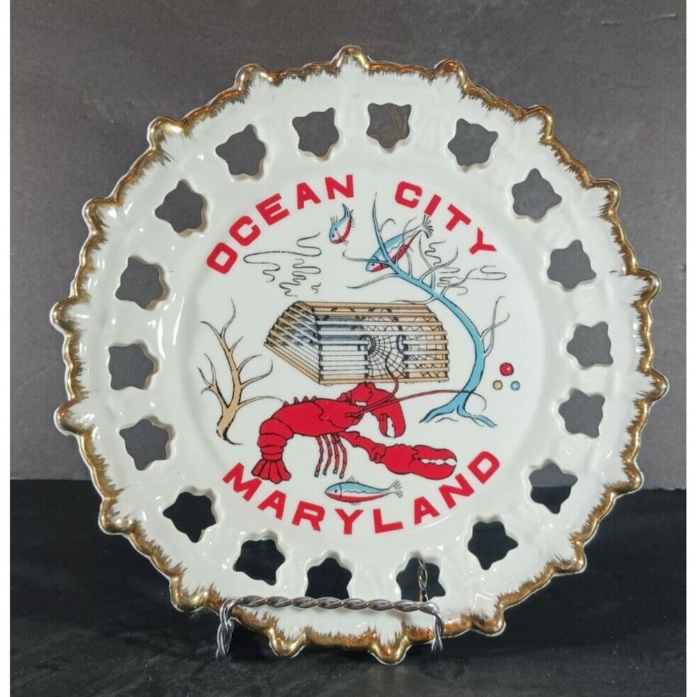 Vintage MARYLAND SOUVENIR Serving Tray Diamond Fine China Korea Lobster